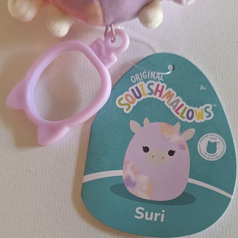 NWT 3.5" Suri Pink Purple Cow Purse Clip Squishmallows Valentine Farmhouse Plush - Picture 5 of 7